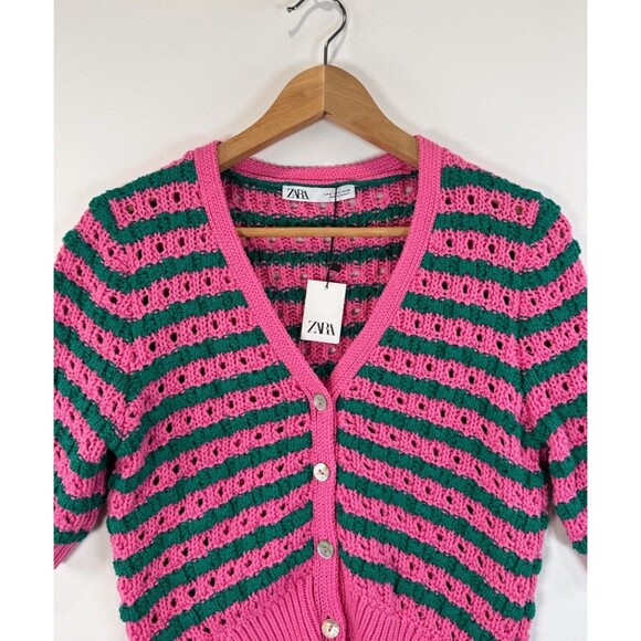 NWT ZARA Womens Cardigan Pink Striped V Neck Cropped Short Sleeve Sweater Small - Picture 7 of 11